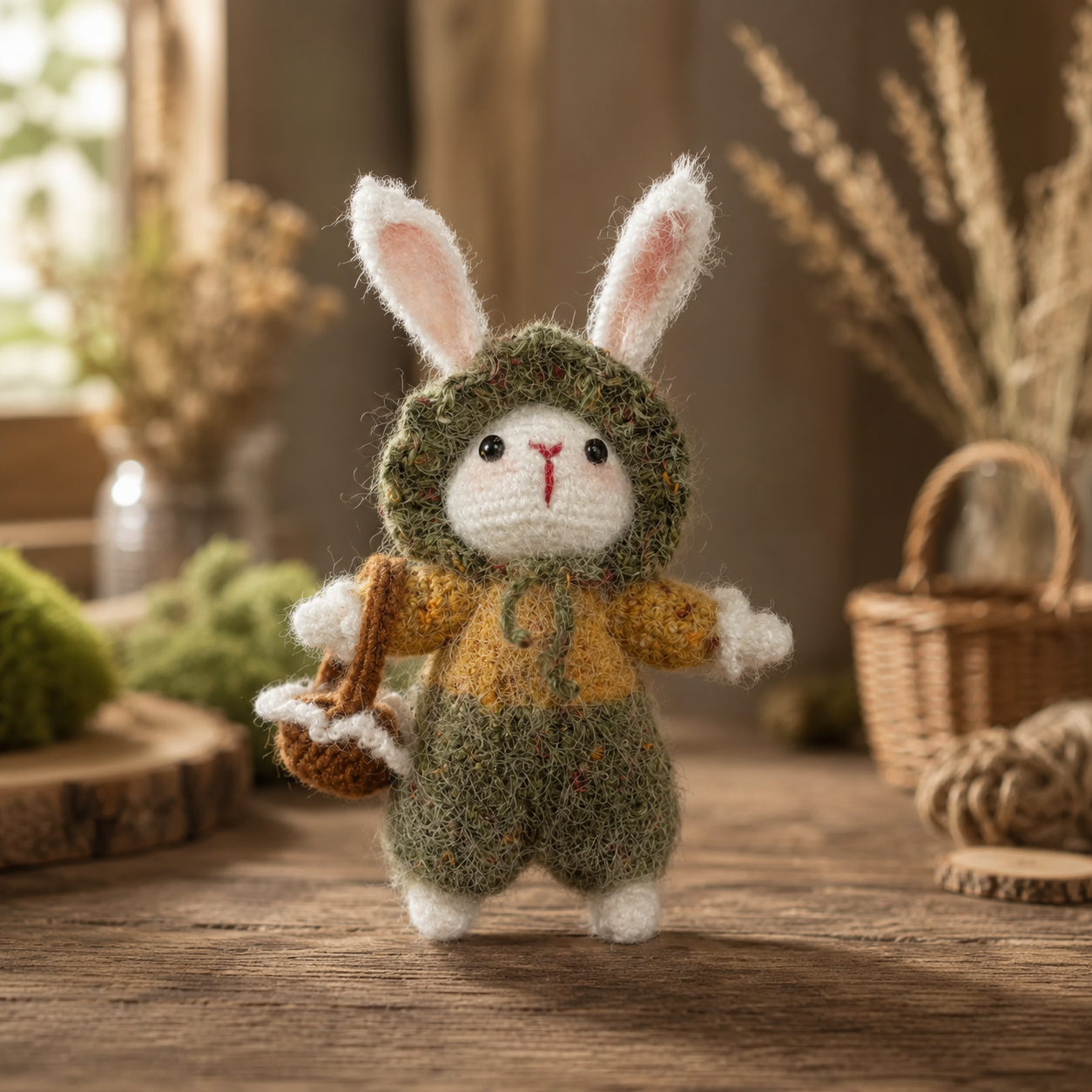 Crochet Woodland Bunny Doll with Satchel – The Mossy Wanderer