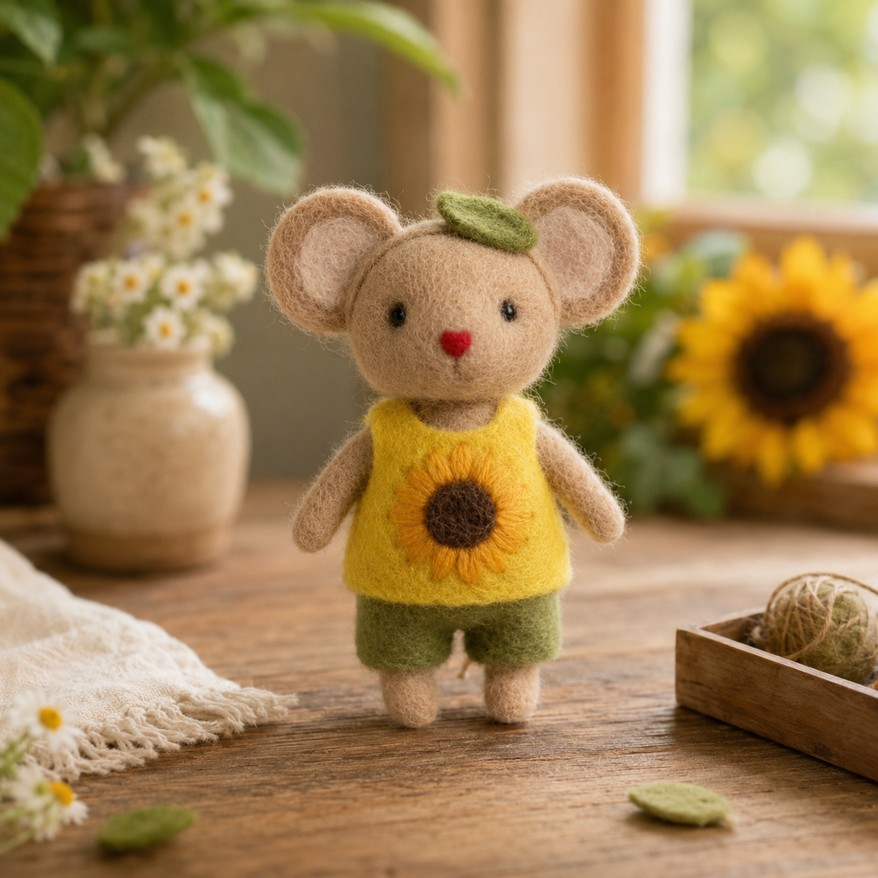 Felted Sunflower Mouse Figurine – Little Sunbeam