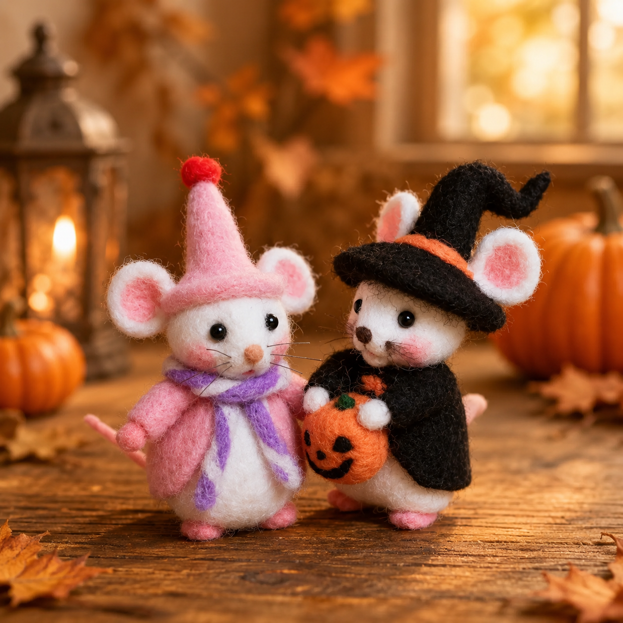 Felted Halloween Mouse Figurine Set – The Trick-or-Treat Duo