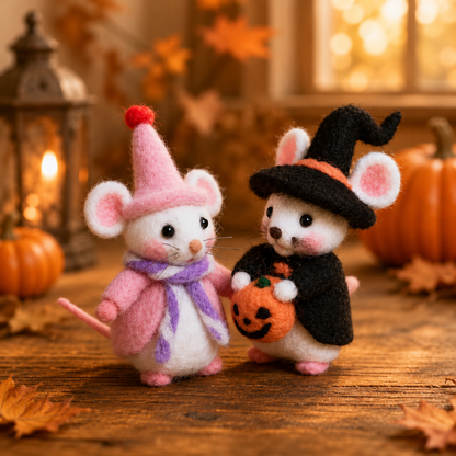Felted Halloween Mouse Figurine Set – The Trick-or-Treat Duo