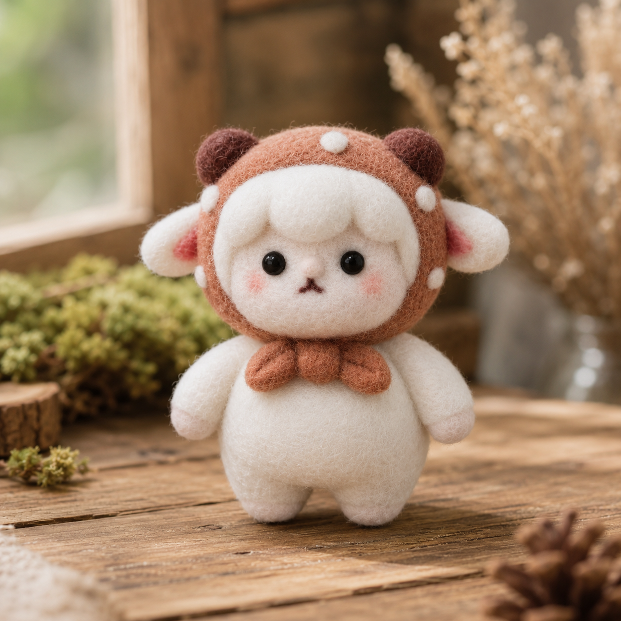 Felted Sheep Figurine in a Spotted Hood – The Woodland Visitor