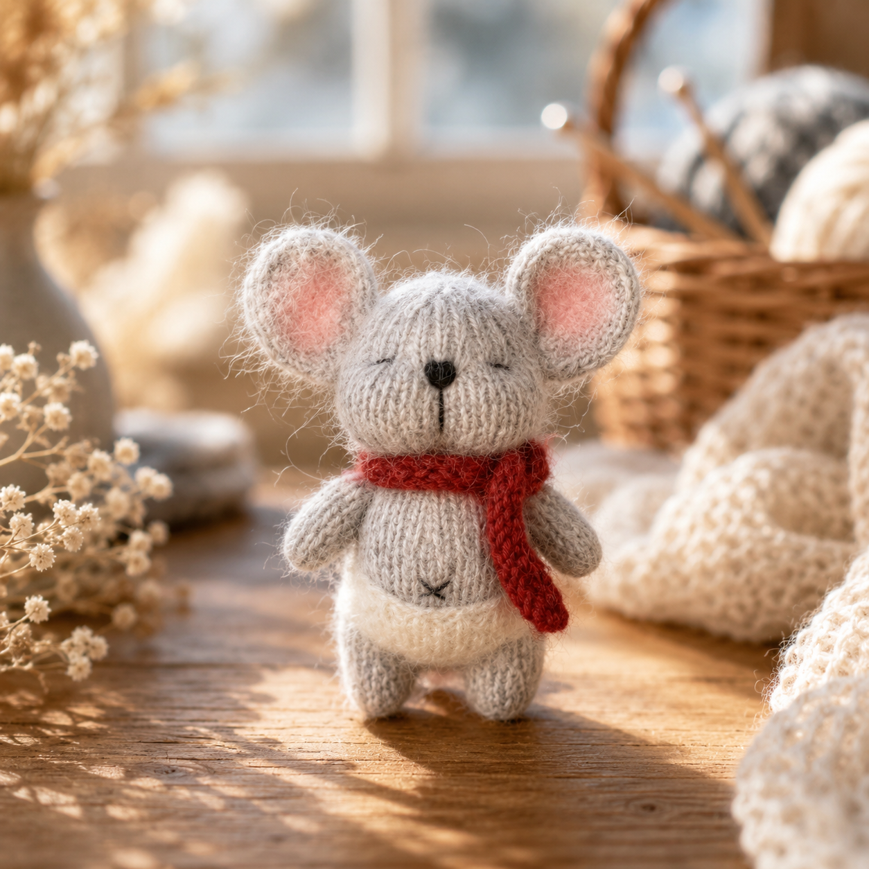 Knitted Mouse Doll with Red Scarf – The Cozy Daydreamer